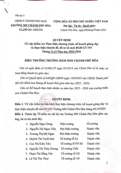 QĐ Về việc kiểm tra thực hiện chương trình kế hoạch giảng dạy và thực hiện chuyên đề hồ sơ sổ sách BGH-GV-NV, tháng 11,12 năm học 2025-2026