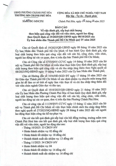 Báo cáo về việc đánh giá , xếp loại theo hiệu quả công việc đối với viên chức, người lao động theo quyết định số 19/2025/QĐ-UBND, ngày 8/10/2025 của UBND TPHCM