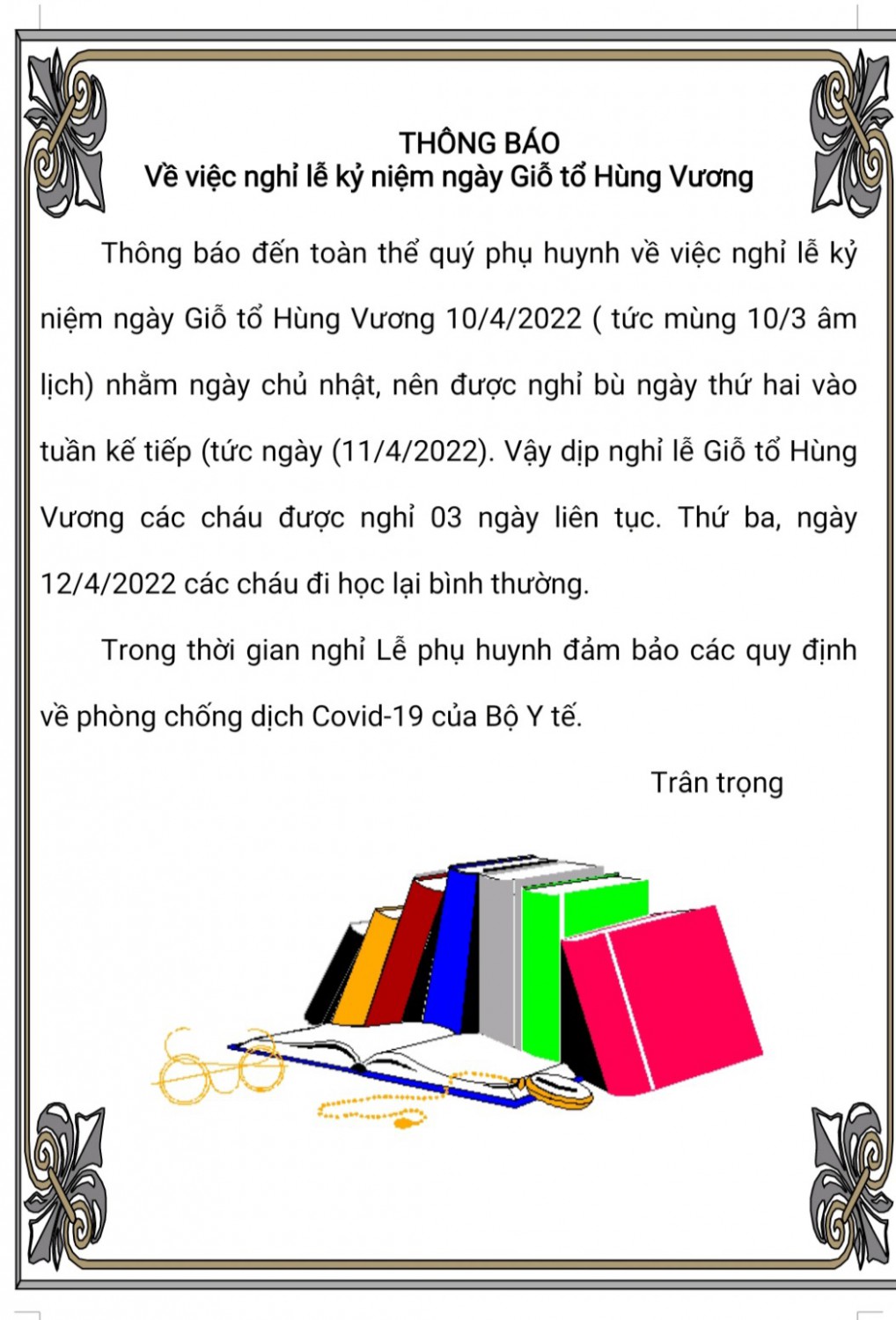 THÔNG BÁO NGHỈ LỄ GIỖ TỔ HÙNG VƯƠNG 10/3/2022 (Âm lịch)