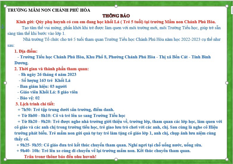 TRƯỜNG MẦM NON CHÁNH PHÚ HÒA THÔNG BÁO TỔ CHỨC CHO TRẺ 5 TUỔI THAM QUAN TRƯỜNG TIỂU HỌC CHÁNH PHÚ HÒA
