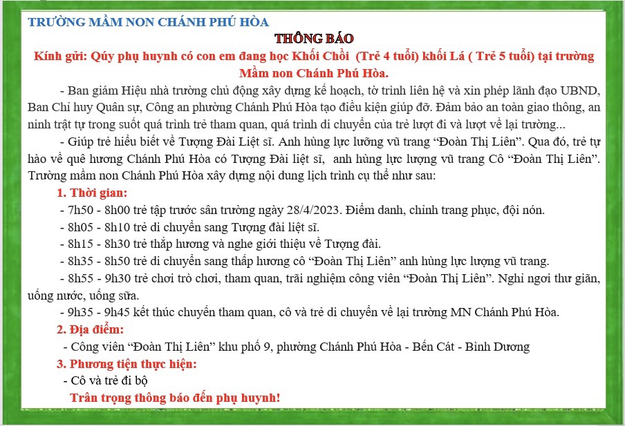 TRƯỜNG MẦM NON CHÁNH PHÚ HÒA THÔNG BÁO CHO TRẺ VIẾNG TƯỢNG ĐÀI LIỆT SĨ ANH HÙNG LỰC LƯỢNG VŨ TRANG" ĐOÀN THỊ LIÊN"