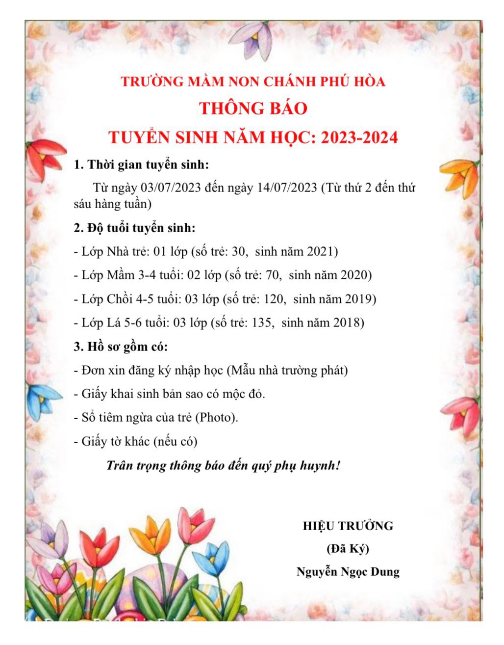 TRƯỜNG MẦM NON CHÁNH PHÚ HÒA THÔNG BÁO TUYỂN SINH NĂM HỌC 2023-2024