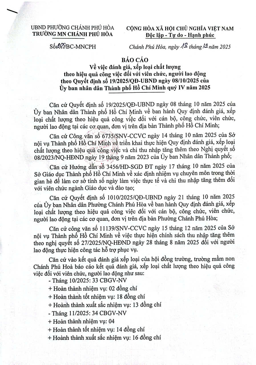 Báo cáo về việc đánh giá , xếp loại theo hiệu quả công việc đối với viên chức, người lao động theo quyết định số 19/2025/QĐ-UBND, ngày 8/10/2025 của UBND TPHCM