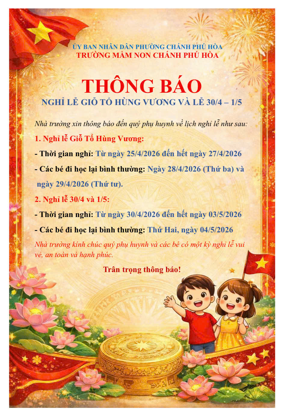thông báo nghỉ lễ