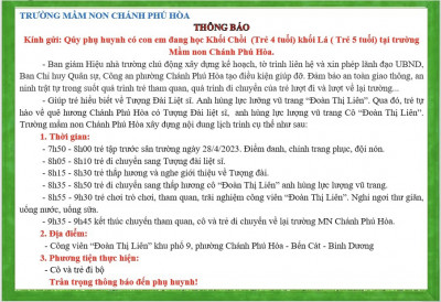 TRƯỜNG MẦM NON CHÁNH PHÚ HÒA THÔNG BÁO CHO TRẺ VIẾNG TƯỢNG ĐÀI LIỆT SĨ ANH HÙNG LỰC LƯỢNG VŨ TRANG" ĐOÀN THỊ LIÊN"