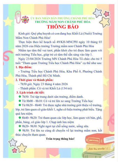 THÔNG BÁO LÀM QUEN TRƯỜNG TIỂU HỌC