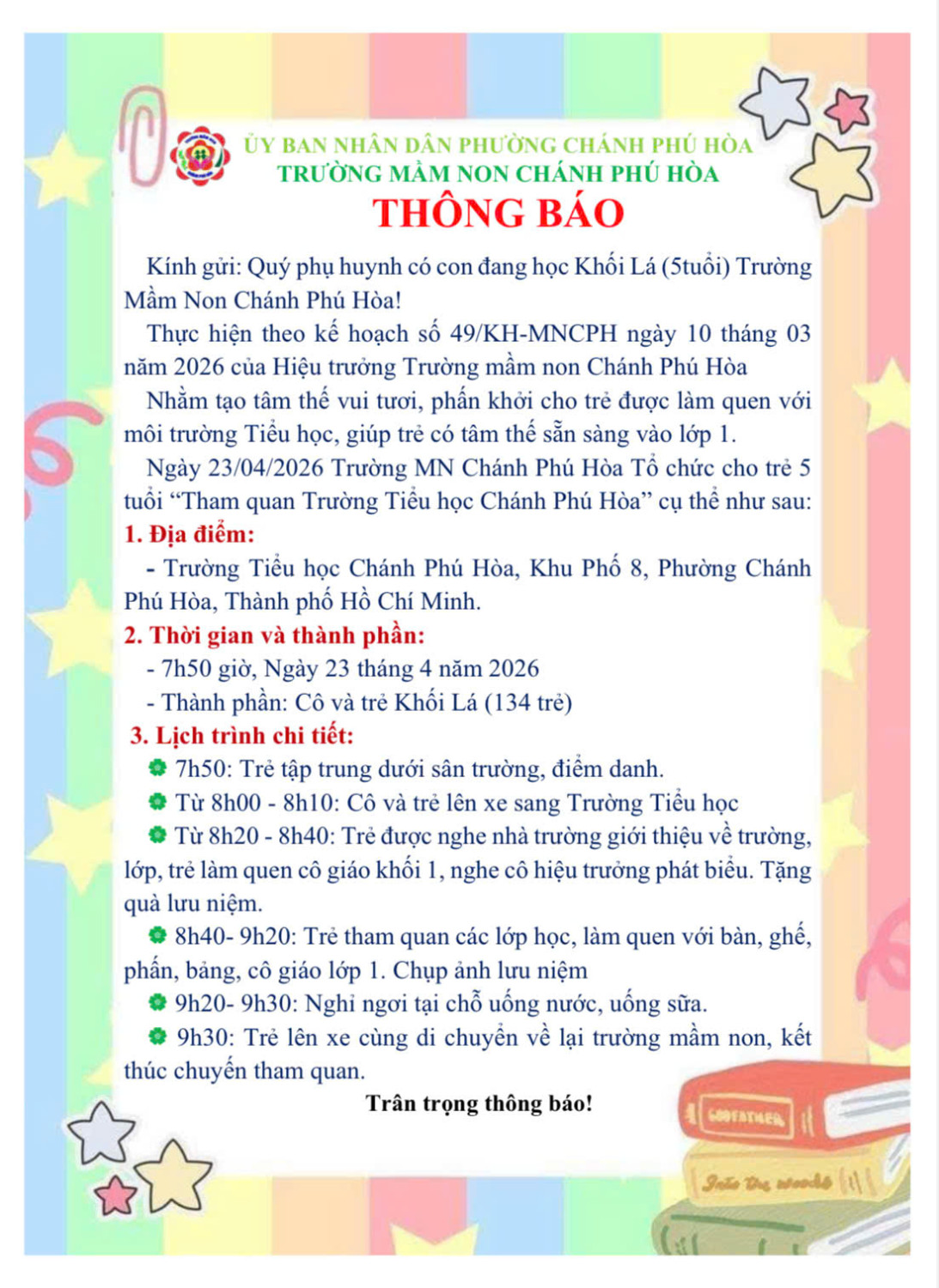 THÔNG BÁO LÀM QUEN TRƯỜNG TIỂU HỌC